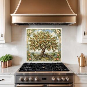 Apple Tree tiles mural featuring a lush fruit-bearing tree, rolling countryside hills, and elegant Art Nouveau floral borders