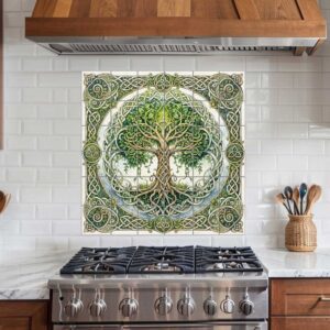 Celtic Tree of Life tile mural featuring a green leafy tree with intertwined roots, intricate Celtic knotwork, and ornate borders