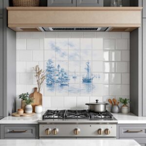 Delft blue sailboats ceramic tile mural featuring sailing ships and a coastal harbor, installed as a decorative kitchen backsplash