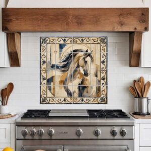 bstract Horse tile mural featuring a dynamic horse portrait with a flowing black mane, expressive blue and beige brushstrokes, and an ornate blue and gold border