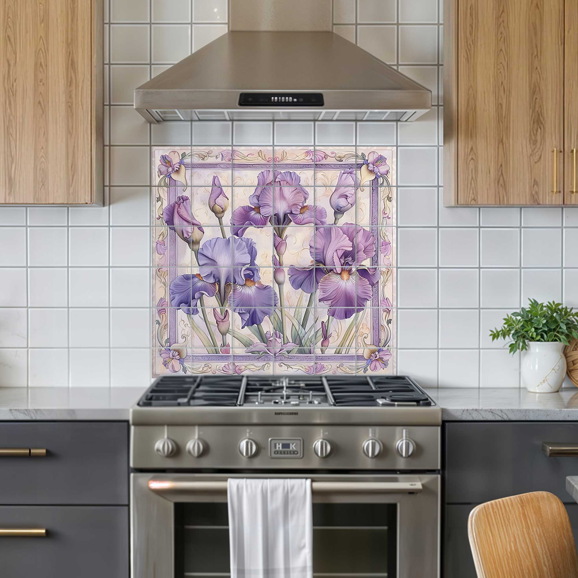 Purple iris ceramic tile mural with ornate Art Nouveau floral border, installed as a kitchen backsplash behind a stove.