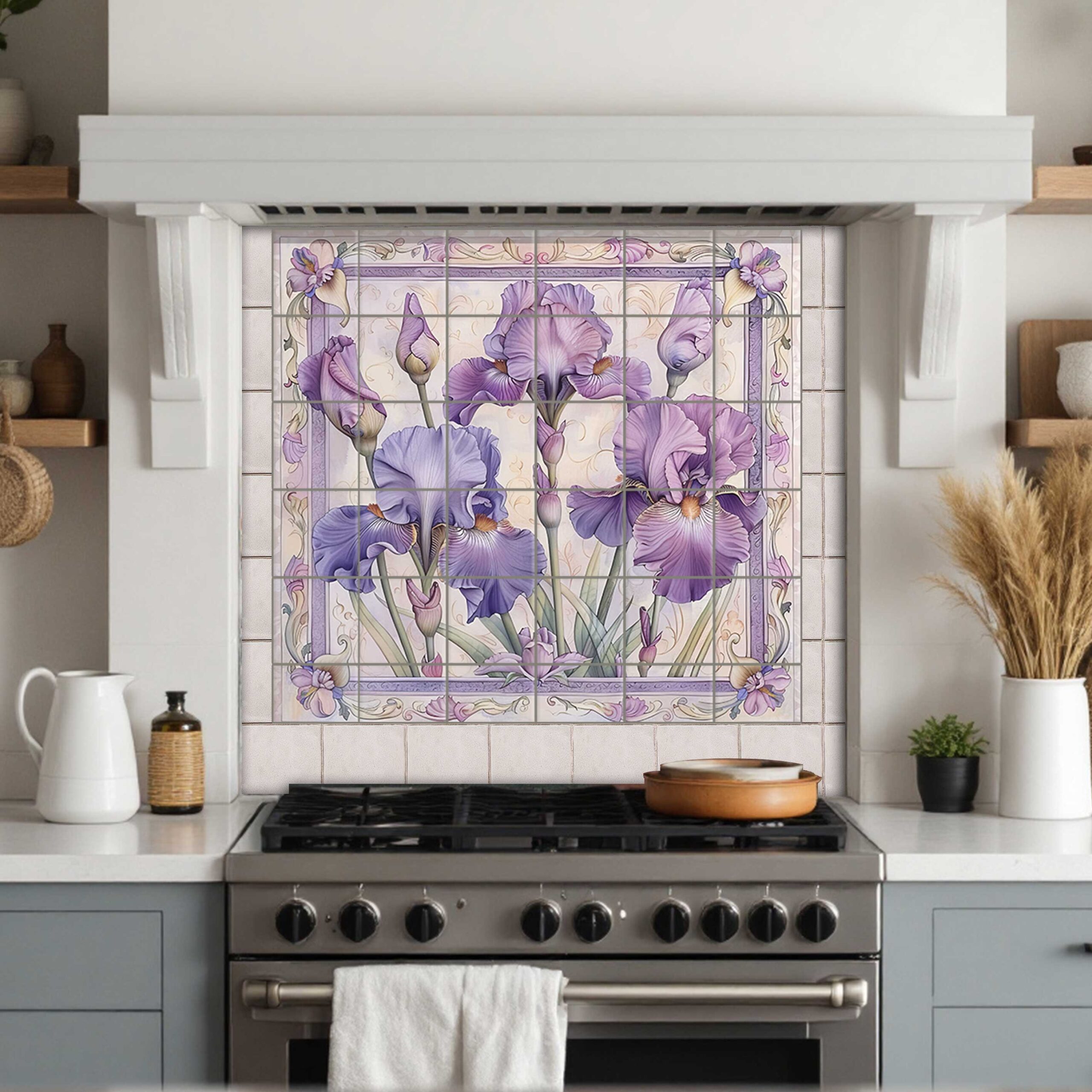 Purple iris ceramic tile mural with ornate Art Nouveau floral border, installed as a kitchen backsplash behind a stove.