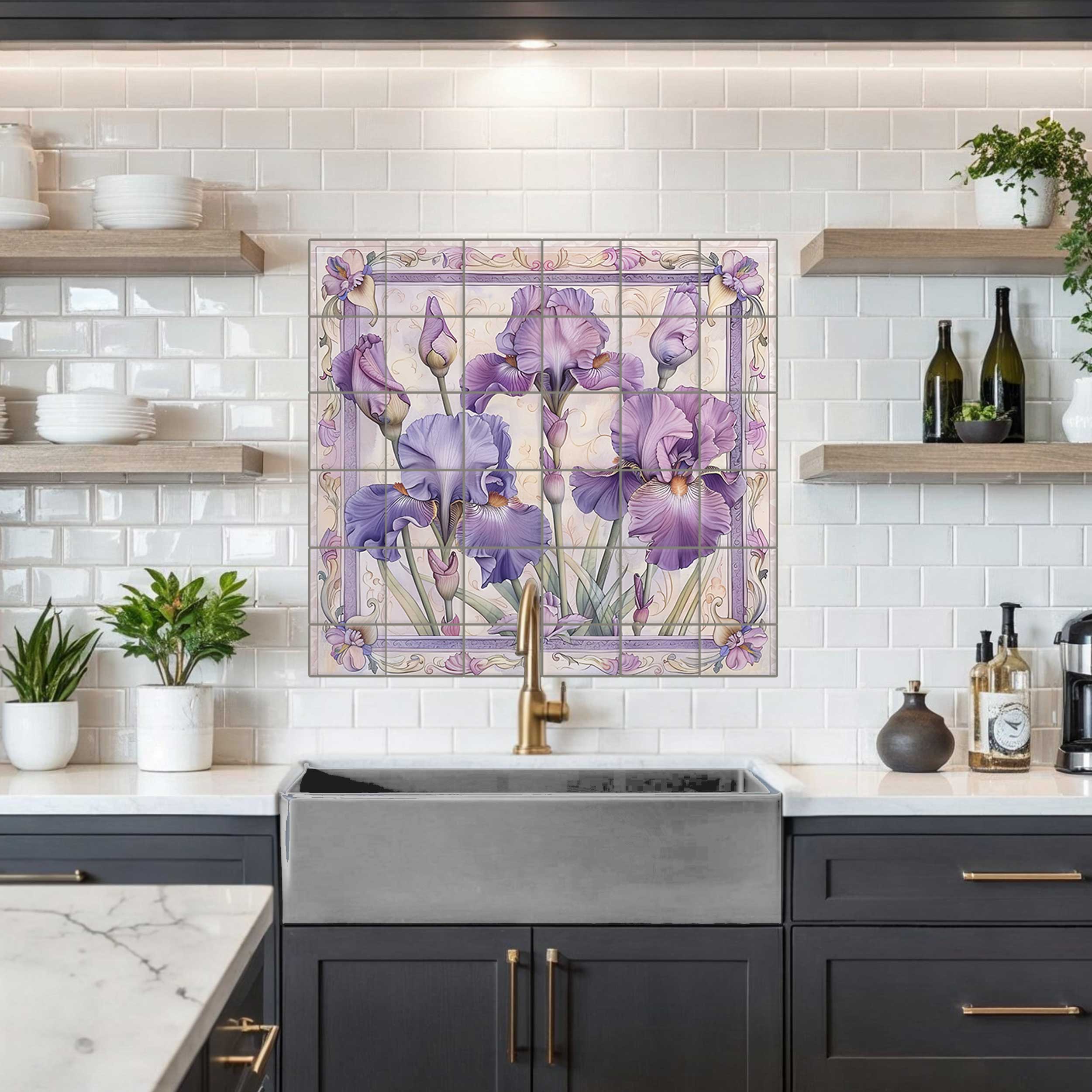 Purple iris ceramic tile mural with ornate Art Nouveau floral border, installed as a kitchen backsplash behind a stove.