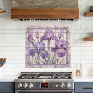 Purple iris ceramic tile mural with ornate Art Nouveau floral border, installed as a kitchen backsplash behind a stove.