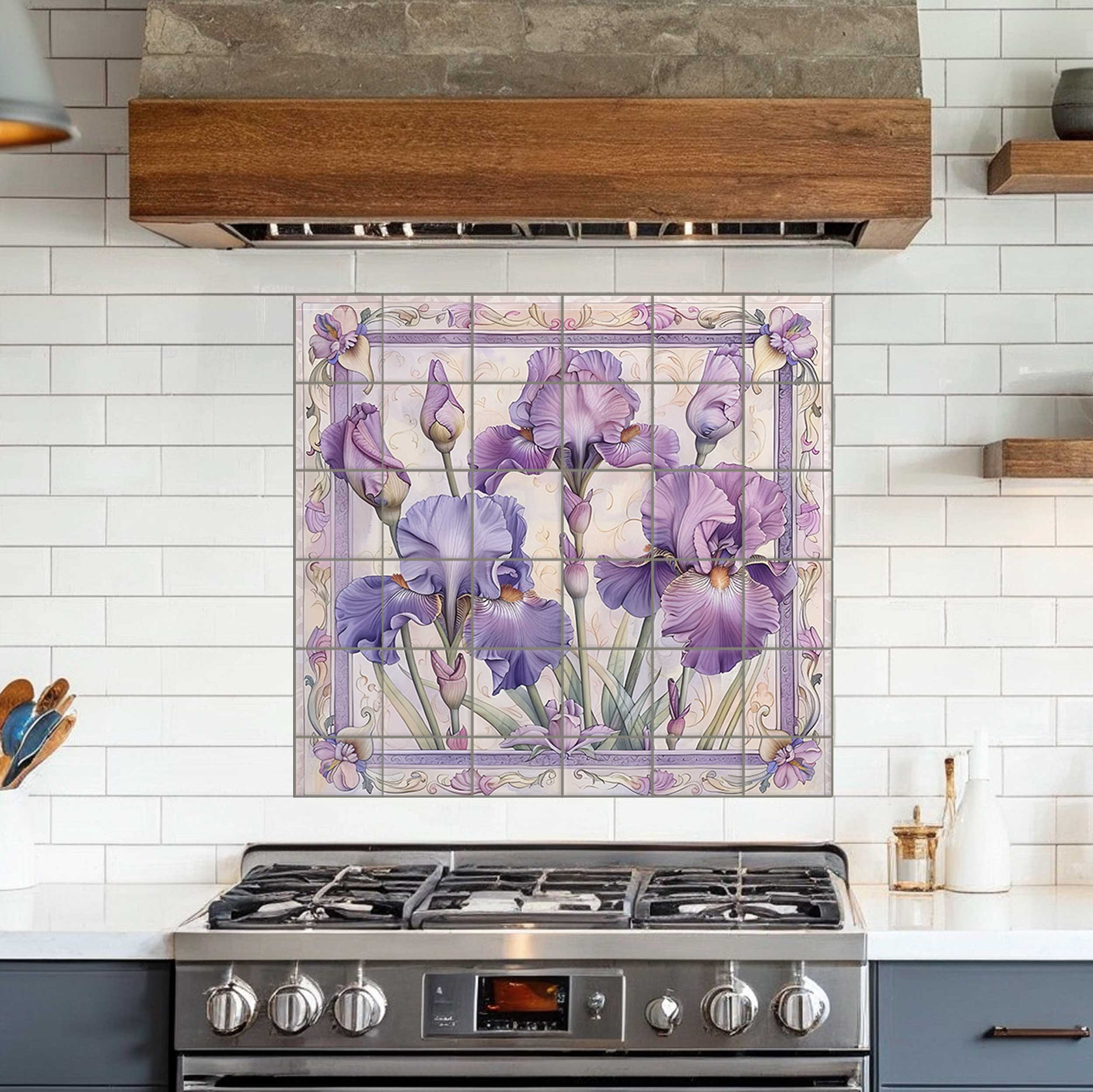 Purple iris ceramic tile mural with ornate Art Nouveau floral border, installed as a kitchen backsplash behind a stove.