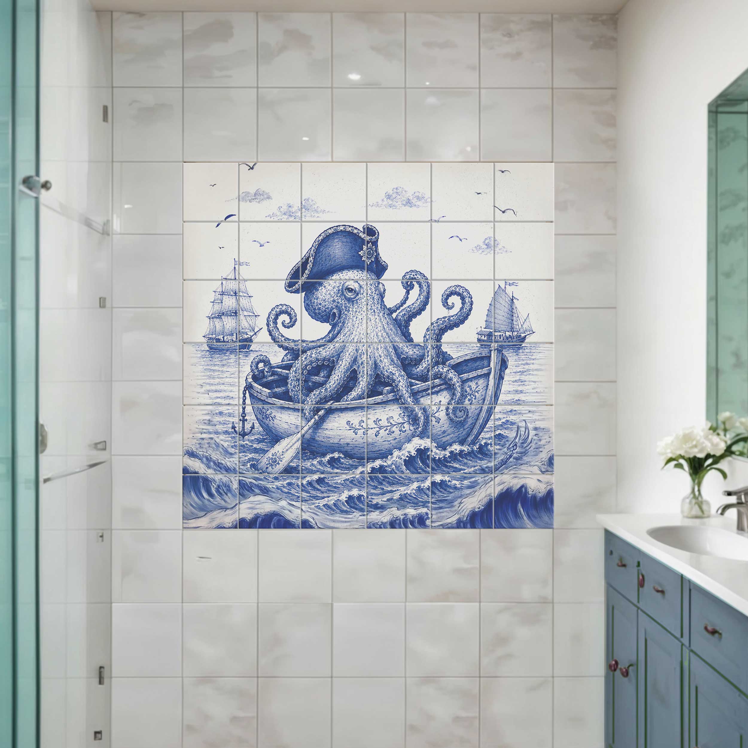 Blue and white Pirate Octopus tiles featuring a captain octopus in a decorated boat, sailing ships, and rolling sea waves
