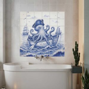 Blue and white Pirate Octopus tiles featuring a captain octopus in a decorated boat, sailing ships, and rolling sea waves