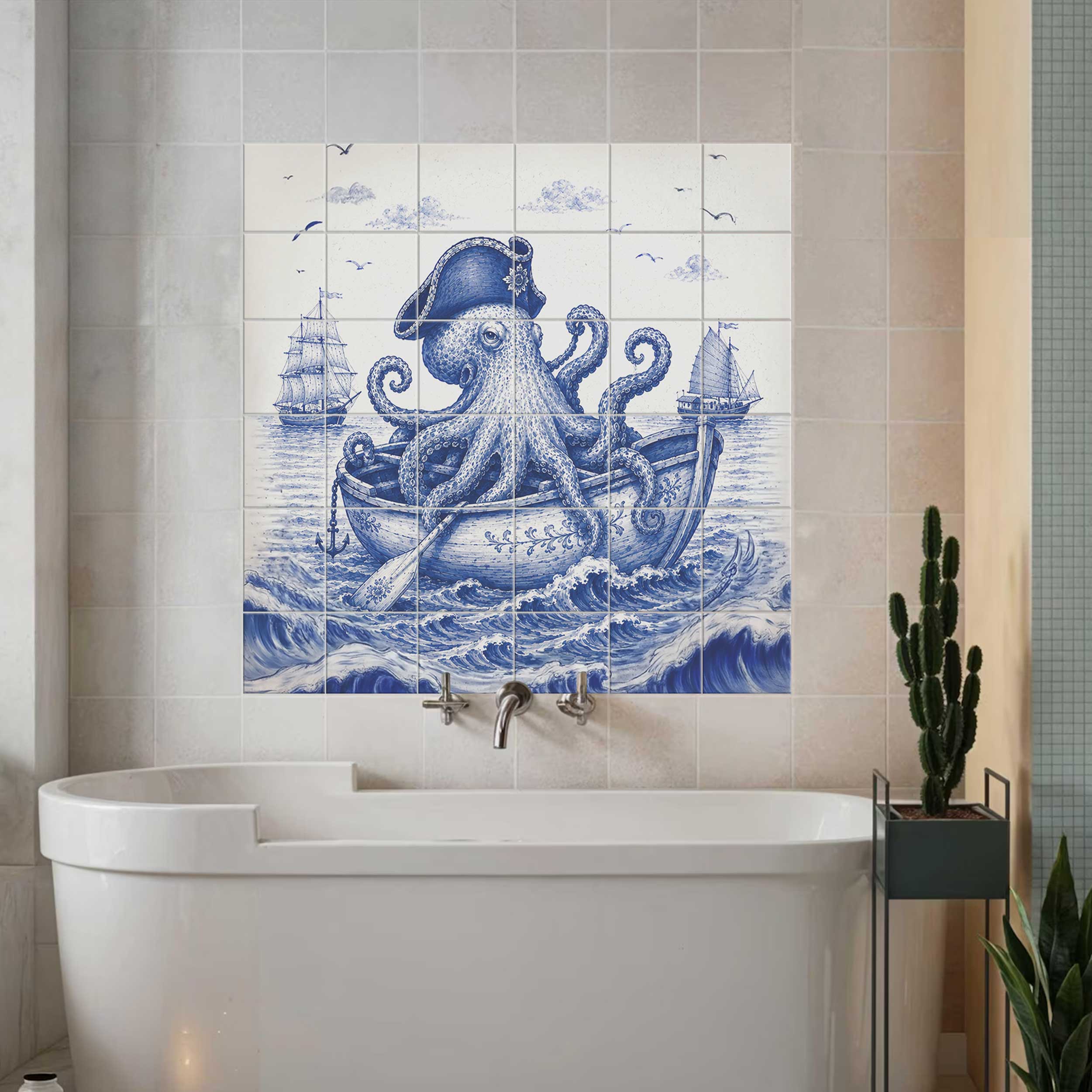 Blue and white Pirate Octopus tiles featuring a captain octopus in a decorated boat, sailing ships, and rolling sea waves