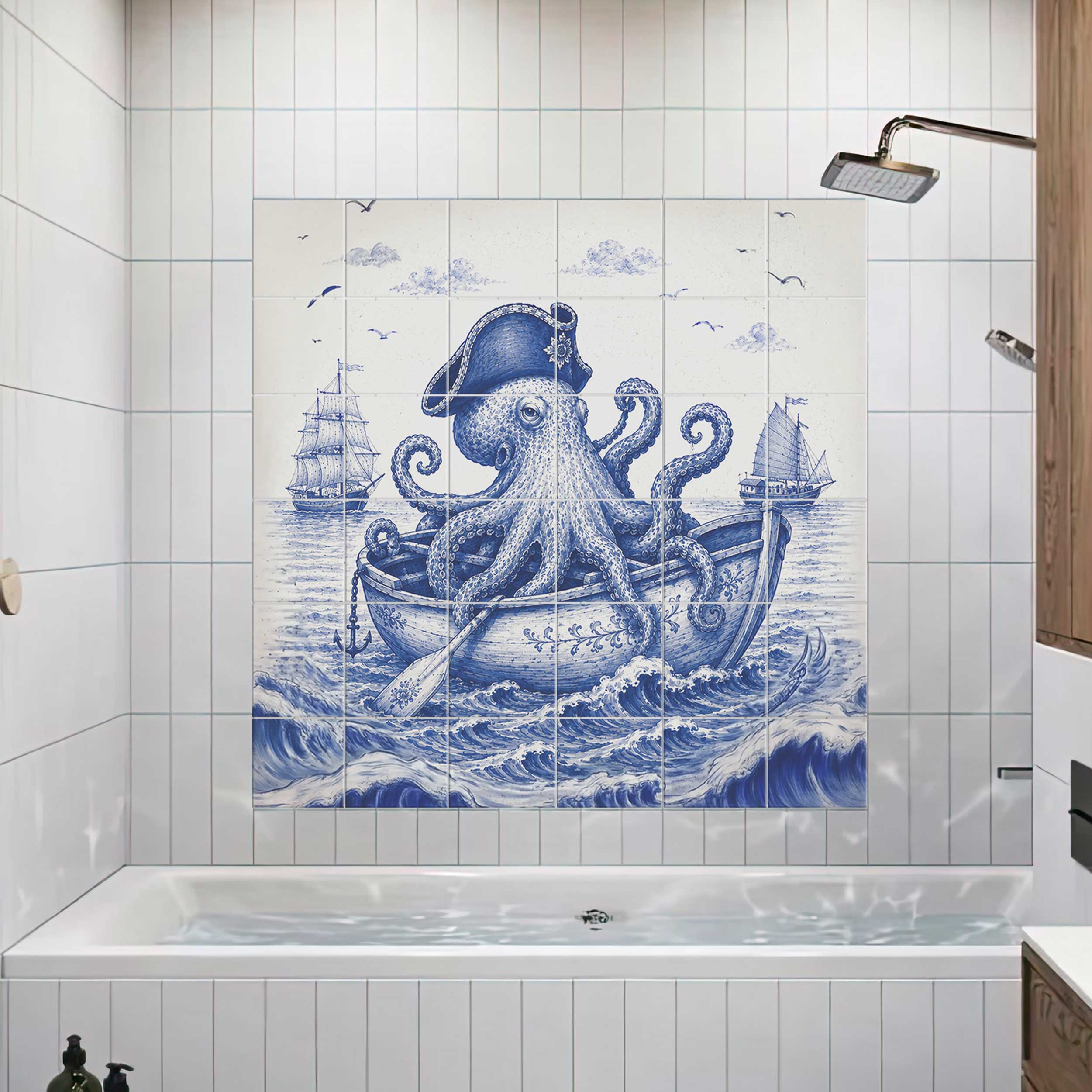 Blue and white Pirate Octopus tiles featuring a captain octopus in a decorated boat, sailing ships, and rolling sea waves