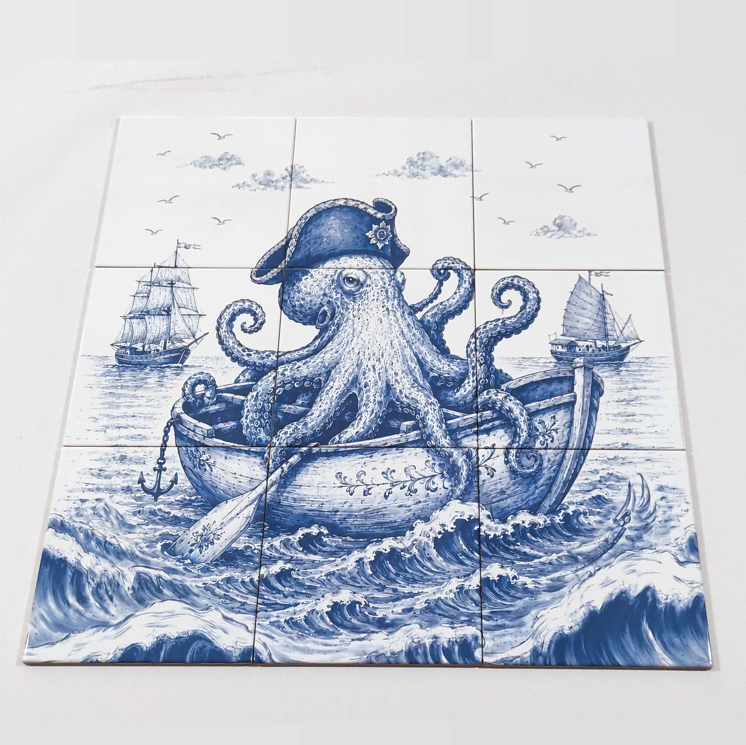 Blue and white Pirate Octopus tiles featuring a captain octopus in a decorated boat, sailing ships, and rolling sea waves