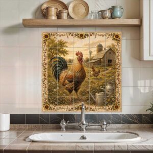 Farmhouse Rooster tile mural featuring a colorful rooster, sunflowers, and a rustic barn scene, installed as a decorative ceramic tile backsplash