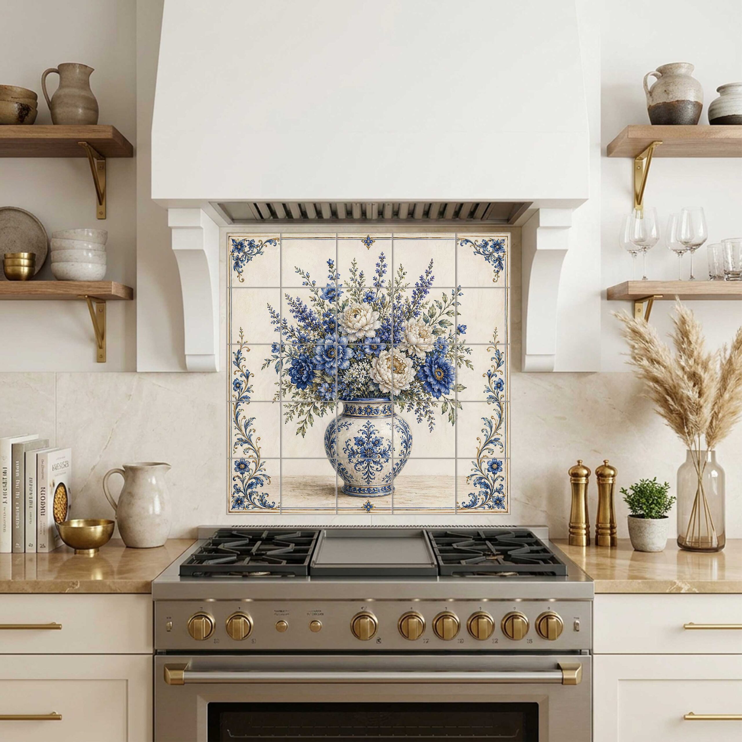 Chinoiserie Floral Vase tile mural featuring blue and white flowers in an ornate patterned vase with delicate floral borders, installed as a kitchen backsplash behind a stove.