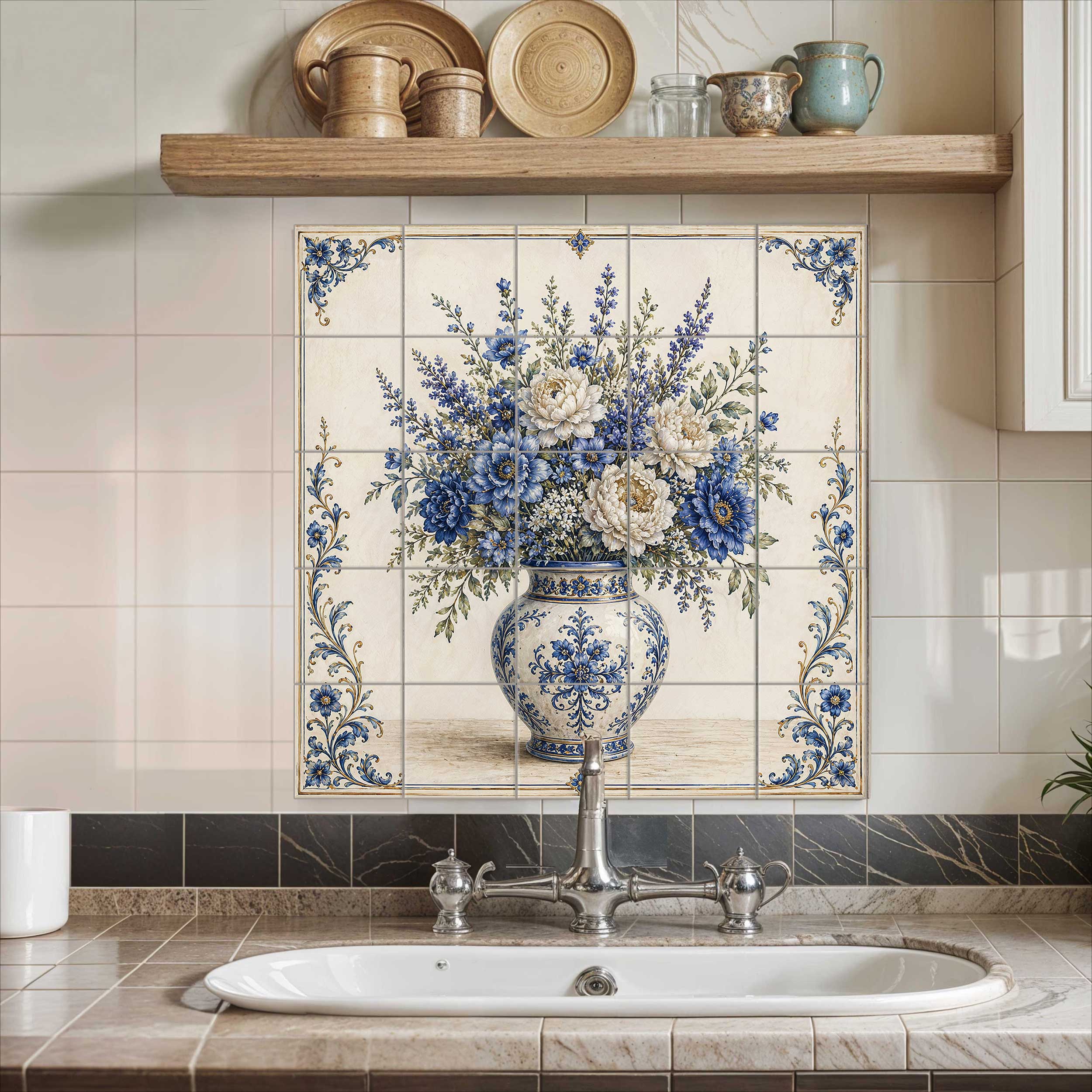 Chinoiserie Floral Vase tile mural featuring blue and white flowers in an ornate patterned vase with delicate floral borders, installed as a kitchen backsplash behind a stove.