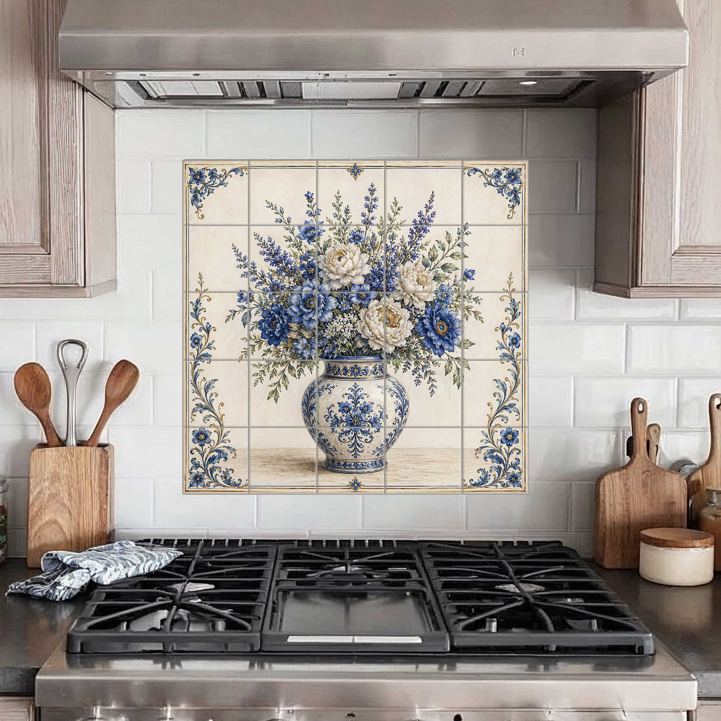 Chinoiserie Floral Vase tile mural featuring blue and white flowers in an ornate patterned vase with delicate floral borders, installed as a kitchen backsplash behind a stove.