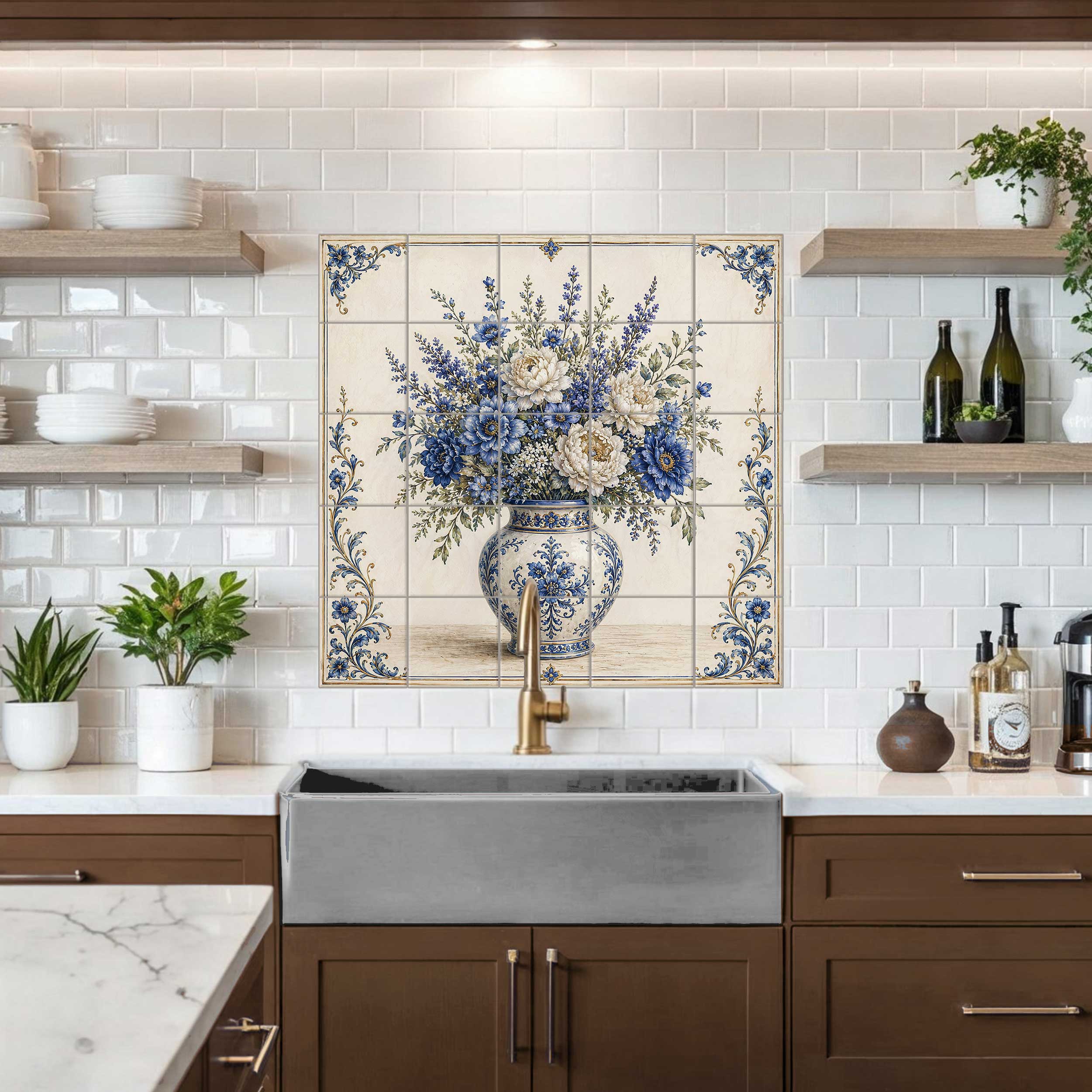 Chinoiserie Floral Vase tile mural featuring blue and white flowers in an ornate patterned vase with delicate floral borders, installed as a kitchen backsplash behind a stove.