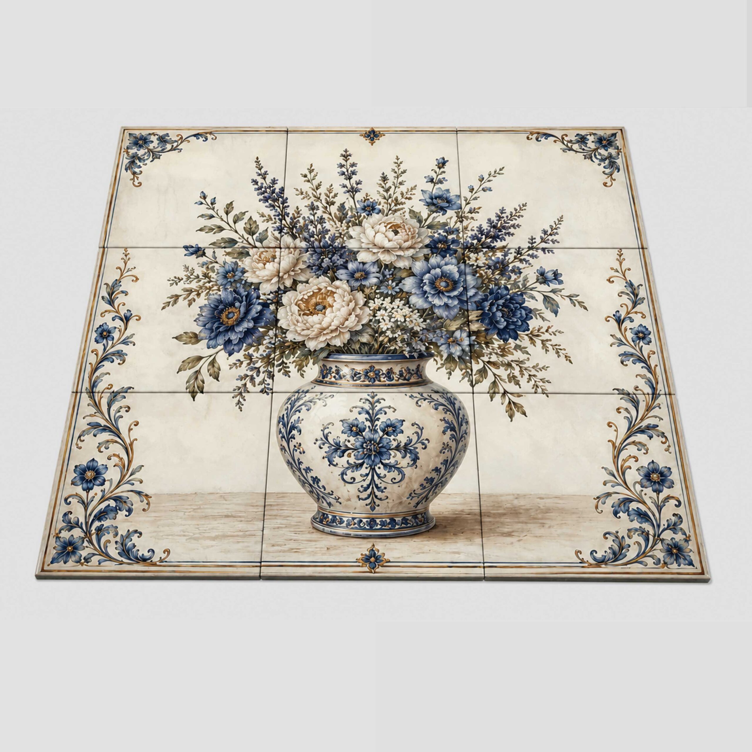 Chinoiserie Floral Vase tile mural featuring blue and white flowers in an ornate patterned vase with delicate floral borders, installed as a kitchen backsplash